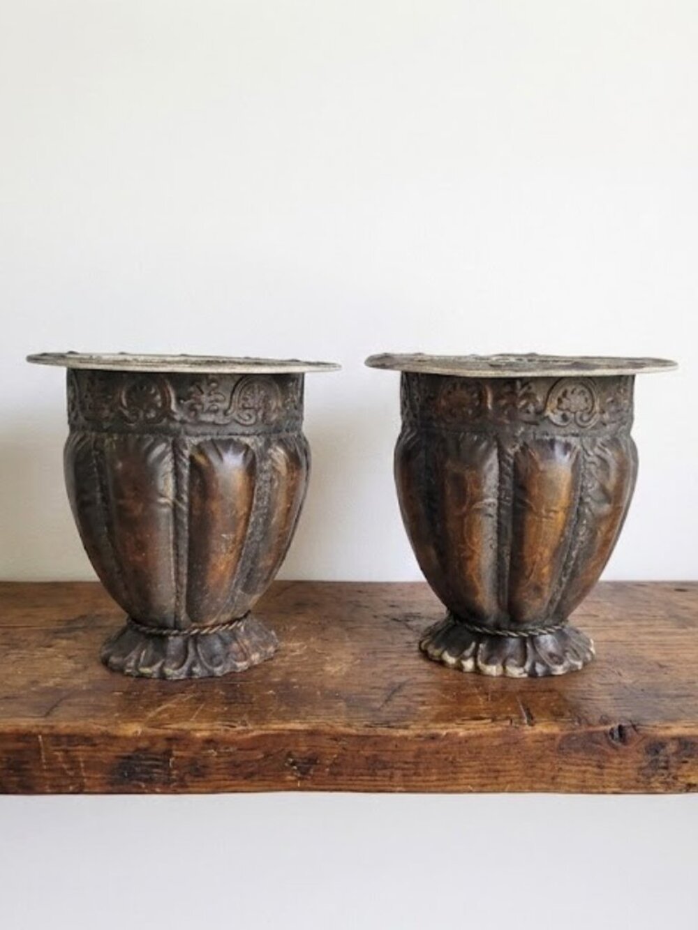 Vintage Pair Metal Urn Planters Heavy Cast Iron Base Ornate Rustic Flower Pots